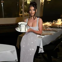 2025 New Summer Sexy Sling Party Dress Grey Glitter Back-length Long Ladies Dress Evening Dresses Female Clothing 2