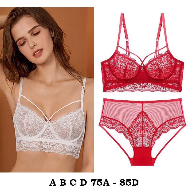 

high quality sexy women bras and brief set push up lace A B C D cup comfortable wire summer lingerie underwear black white red