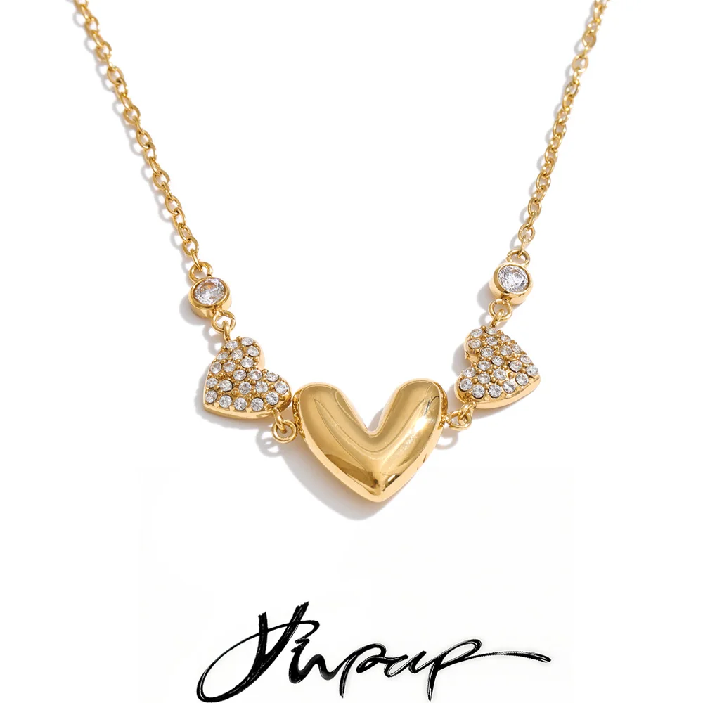 Yhpup Edelstahl-Halskette mit Zirkonia-Herz-Anhänger, Armband, Armreif-Set, Valentinstagsgeschenk, Charm, zarter Schmuck