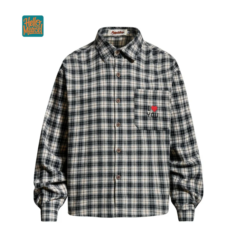 HELLOMARCEL EU US Size Luxury Quality Casual Shirt Street Wear Retro Pocket Heart Embroidery Plaid Long Sleeve Shirt