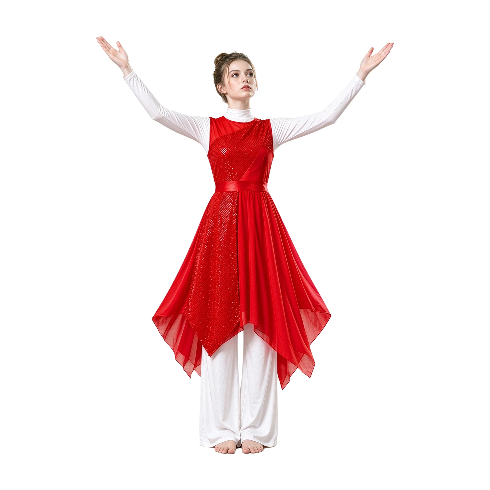 Women Lyrical Dance Dress Worship Praise Church Choir Costumes Sleeveless Sequins Patchwork Tunic Dress for Liturgical Event