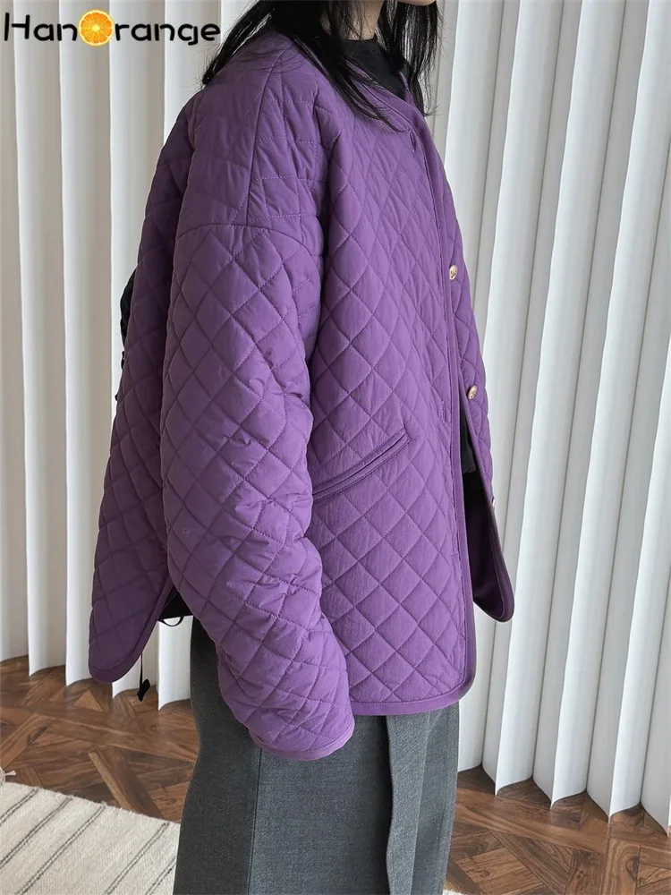 HanOrange 2024 Autumn Winter Retro O-Neck Shaped Cotton Padded Jacket Lightweight Warm Loose Silhouette Parkas Purple/Beige