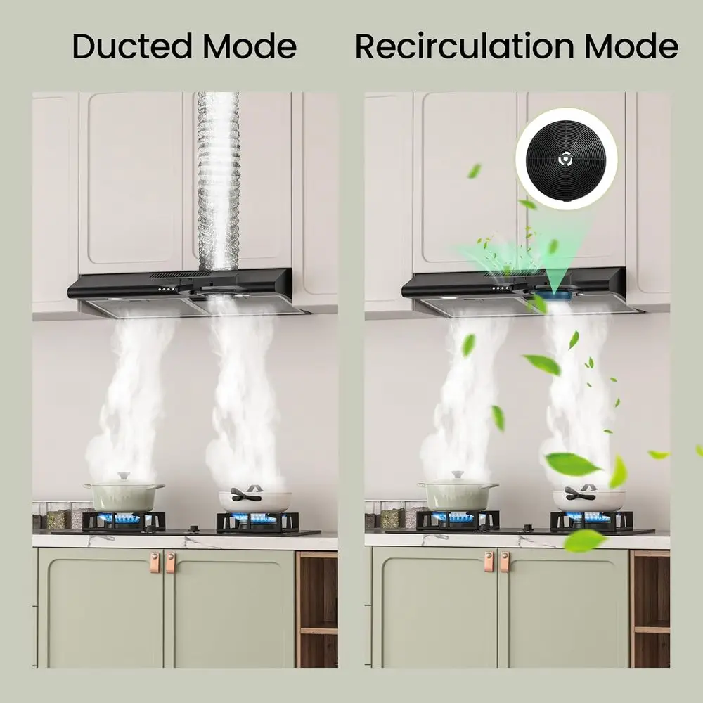 30インチ ブラック アンダーキャビネットレンジフード、ダクト式/ダクトレス式変換可能キッチン換気フード、LEDライト付き、3段階速度調整排気ファン、プッシュ式