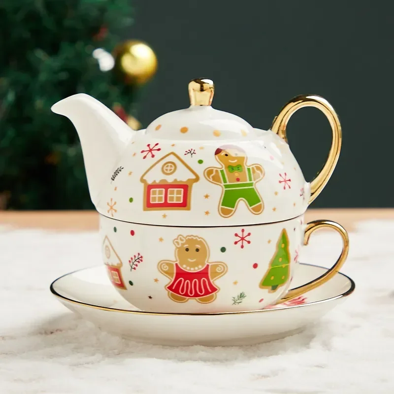 

420ml Ceramic Tea for One Set Christmas Santa Claus Teapot Tea Cup Saucer Gold Plating Mug Handle Gift Box