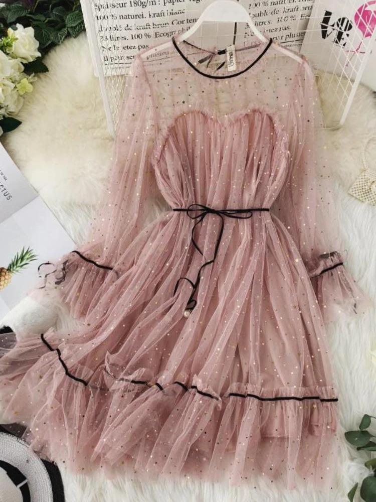 

2024 spring new female O-neck flare sleeve stars sequined mesh shiny fairy dress women solid color elegant bling pleated dresses