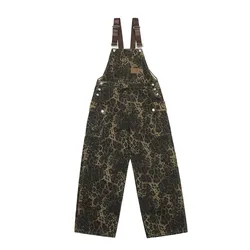 American Vintage Street Leopard Print Overalls Men's Design Loose Straight Denim Jumpsuit Trousers