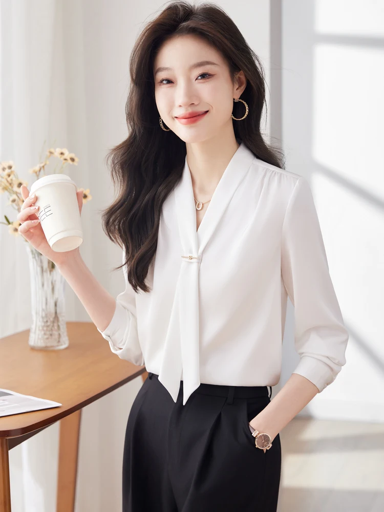 

Elegant plus Size Women's Shirt with Sash Fashionable White Casual Spring Summer Top Korean Style Long Sleeve Loose Fit