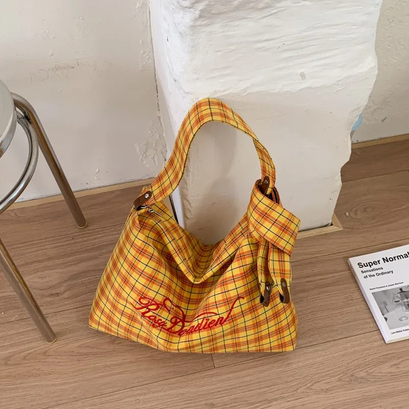 yellow-plaid-women's-shoulder-bag-korean-lazy-style-shopping-tote-bag-large-capacity-commuter-crossbody-bag