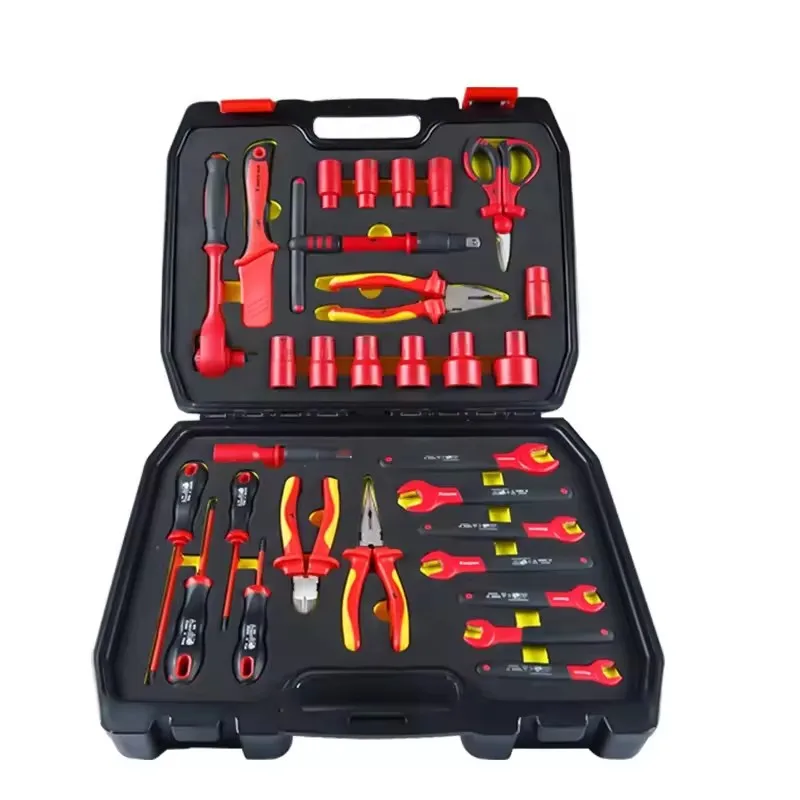 1/2\'\' Socket Wrench Tool Kit Insulated Electrician Tool Box Crowfoot Spanner Screwdriver T-handle Pliers Stripping Knife Scissor