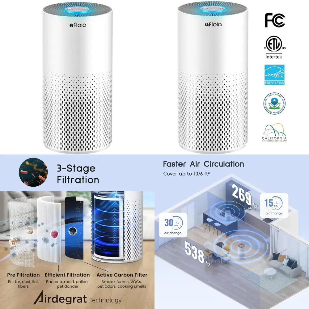 

Очиститель воздуха для больших помещений, 1076 кв. футов, 3-ступенчатая фильтрация, для домашних животных и людей с аллергией, ультратихий, 7 светодиодных ночников