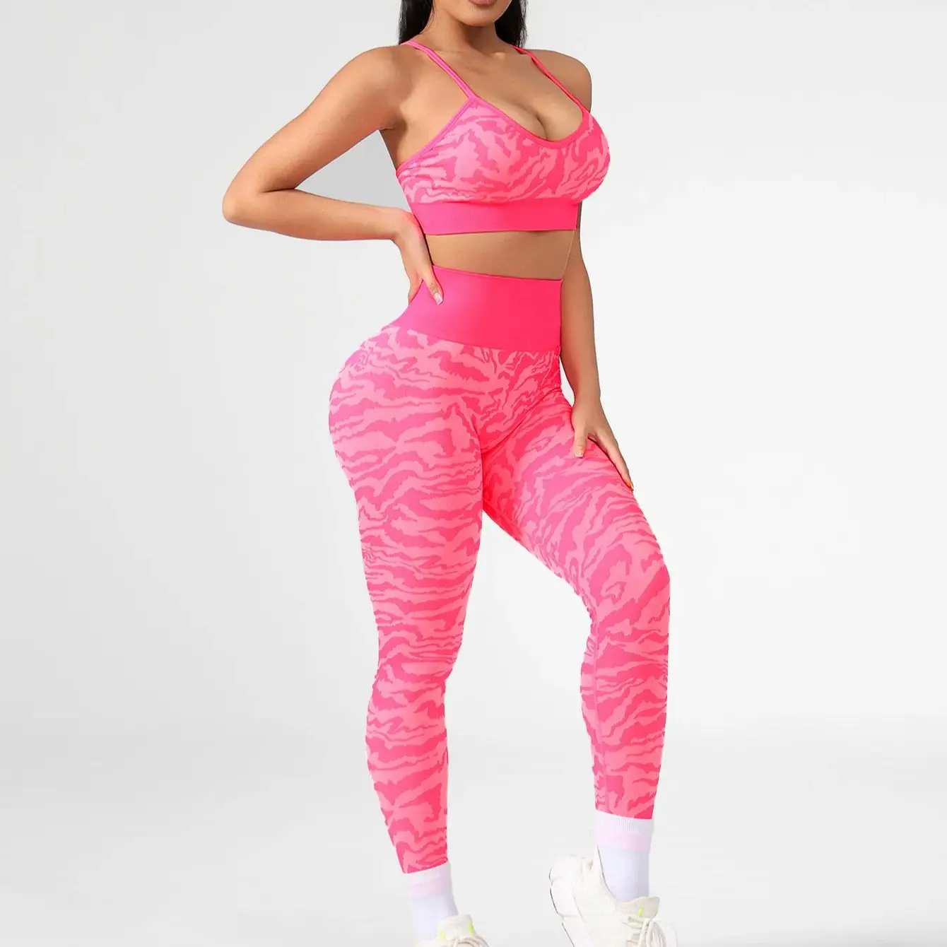 

Women Gym Sets Bras with Pad Leggings Suits Print Fitness Sports 2 Pecs Workout Athletic Yoga Pants Training Tights Sportswear