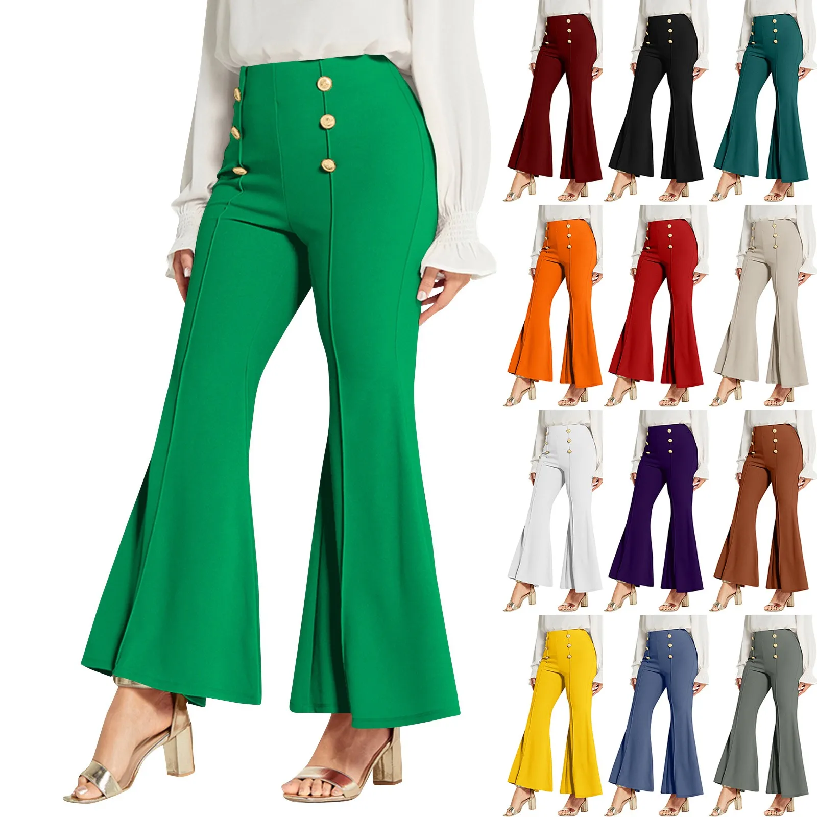 Pantalones Women'S Flared Trousers Fashionable Casual Solid Color 2024 Pants Button High Waist Double Breasted Slim Pants