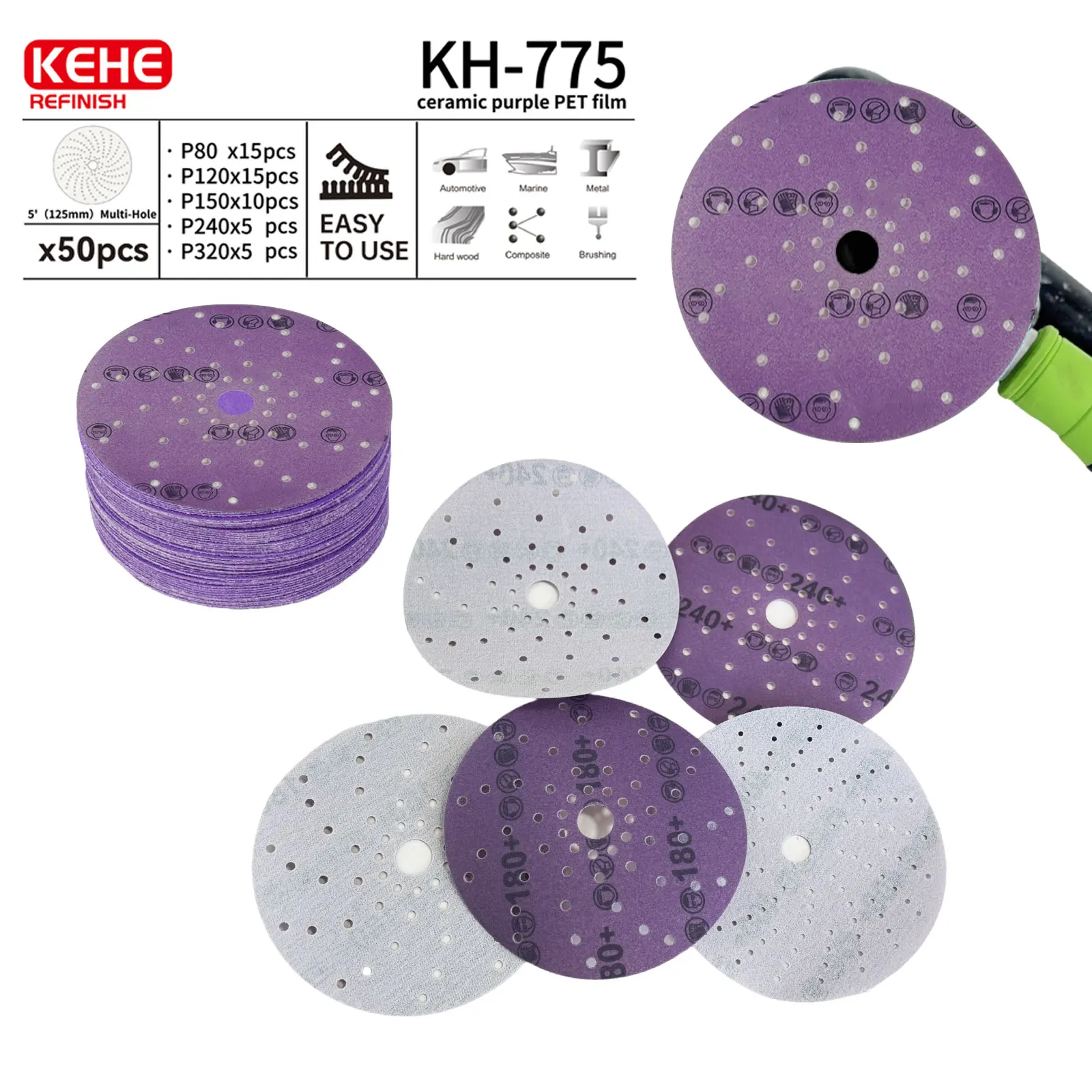 50-Piece 5-Inch Ceramic Flocked Sandpaper/Woodworking/Metal Polishing Pad Set, 80-320 Grit Mixed Set, for Sanding and Polishing