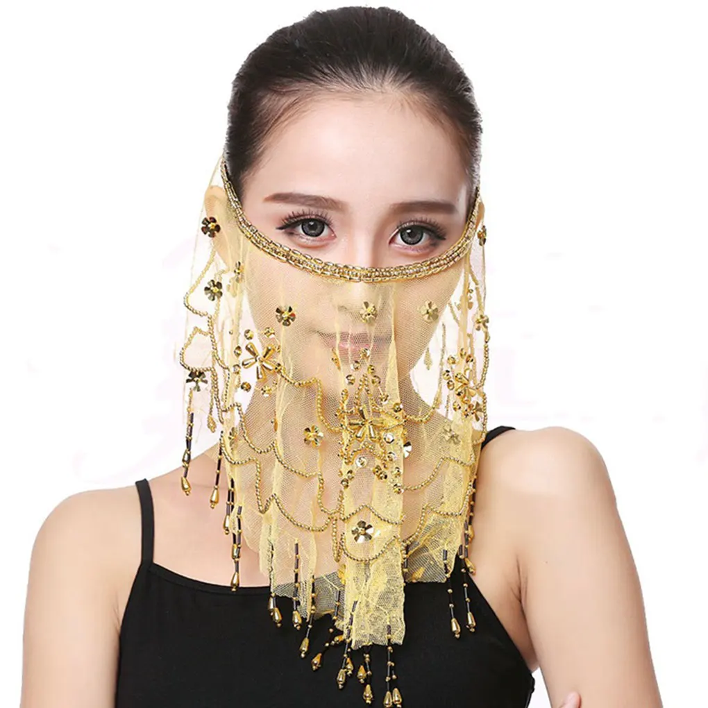 2024 New Women Belly Dance Face Veil Tribal Belly Dancing Veils with Shining Sequin Masquerade Accessories 5Colors Available