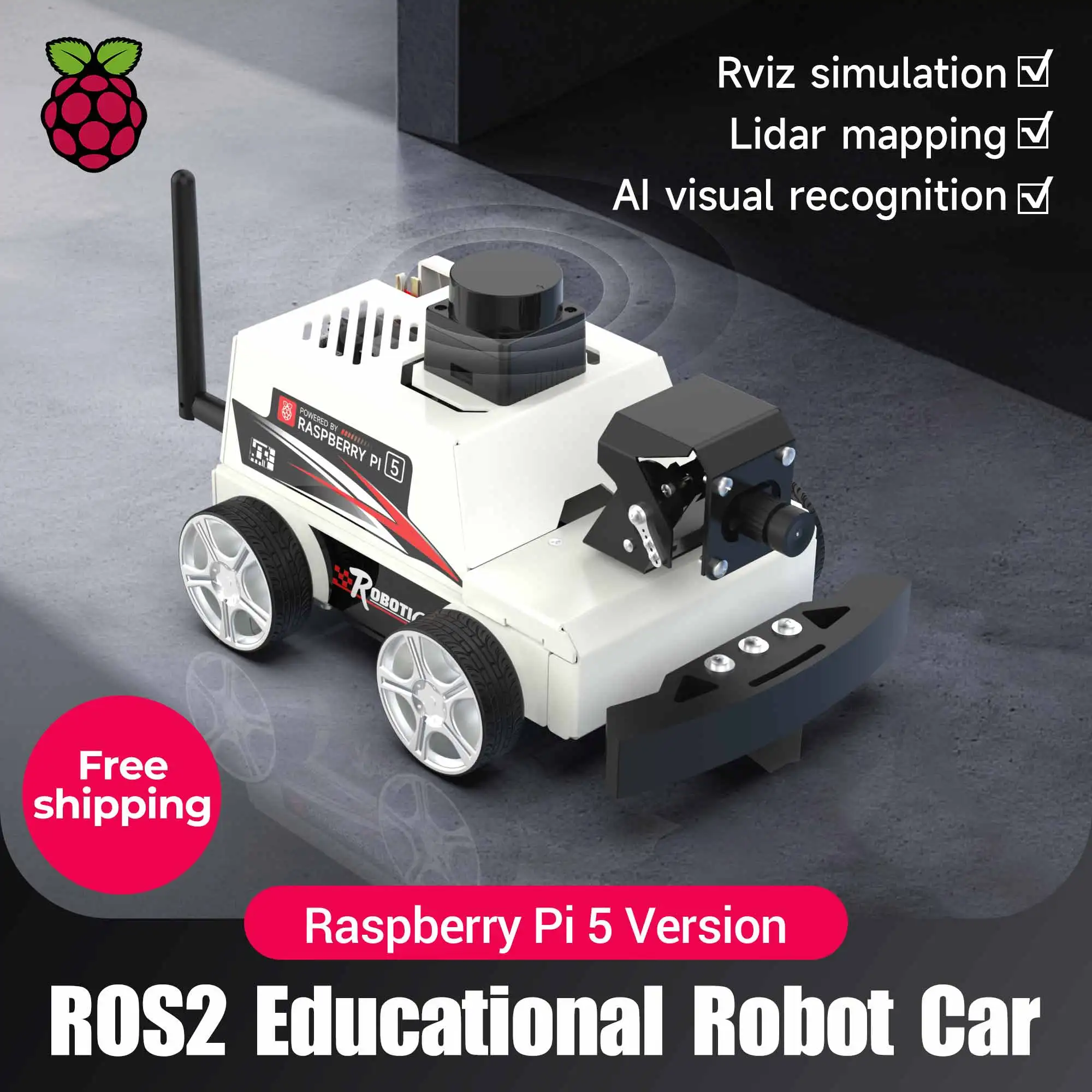 Raspberry Pi 5 Car ROS2 Educational Robot Kit with MS200 TOF Lidar Support SLAM Mapping Navigation AI Visual Recognition Python3