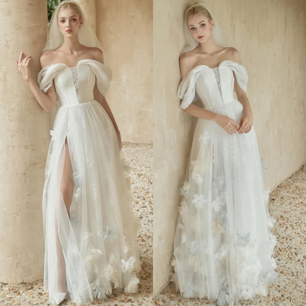

Customized Elegant Tulle Boat Neck Evening Dress Delicate Flowers Prom Dresses Luxury Court Train Special Occasion Gowns