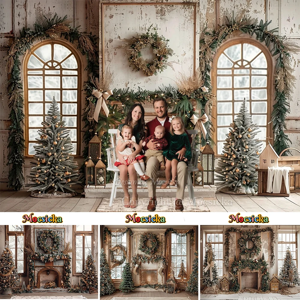 

Christmas Fireplace Family Photo Background Photography Xmas Tree Wreath Decor Window Backdrop Indoor Room Baby Show Photozone