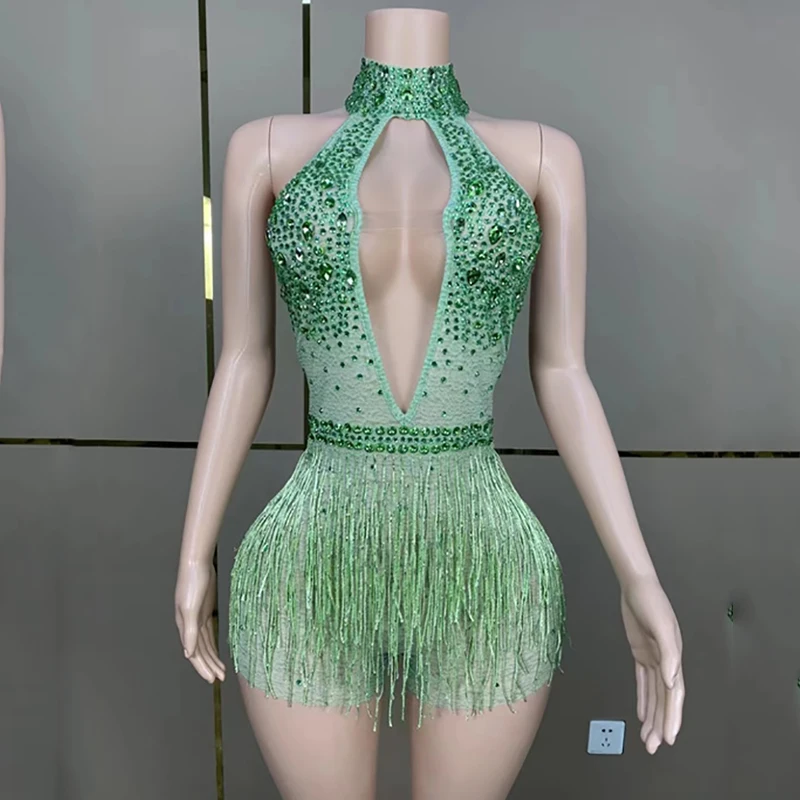 

Deep V-Neck Sexy European And American Style Bar Ds Hanging Neck Tassel Bodysuit Nightclub Bar Performance Stage Costume DN17043