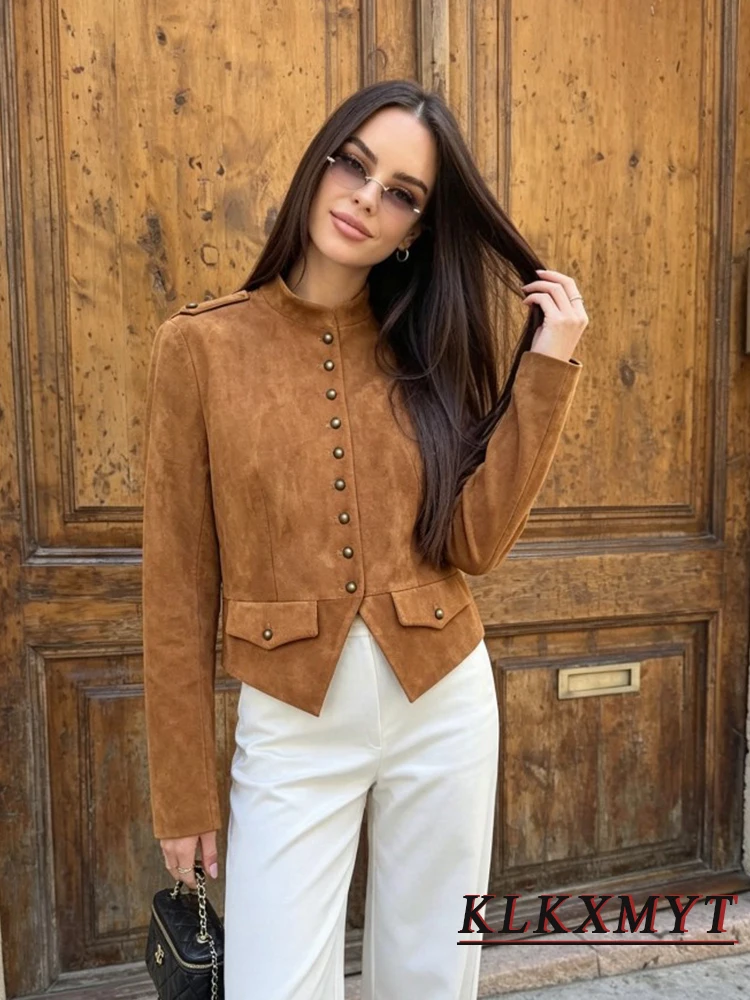 Women Autumn Winter Fashion Suede Jacket Elegant Stand Collar Button Coat  Leisure Loose Office Hight Street Orange Coat