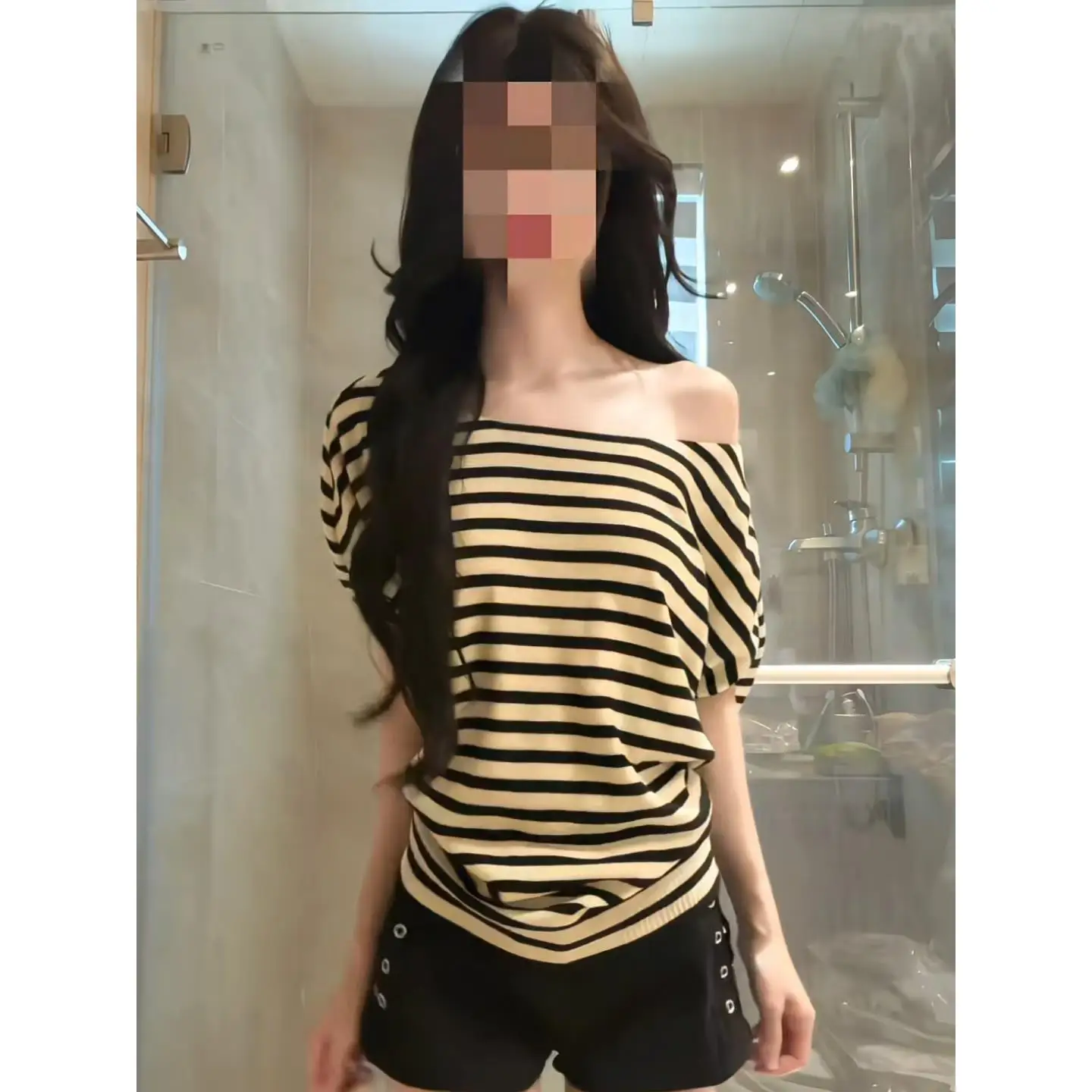 Summer Casual Style Women's Knitted Short Sleeve Shoulder Bared Waist Cinched Striped Top Loose Fit Comfortable Spicy Girl Shirt
