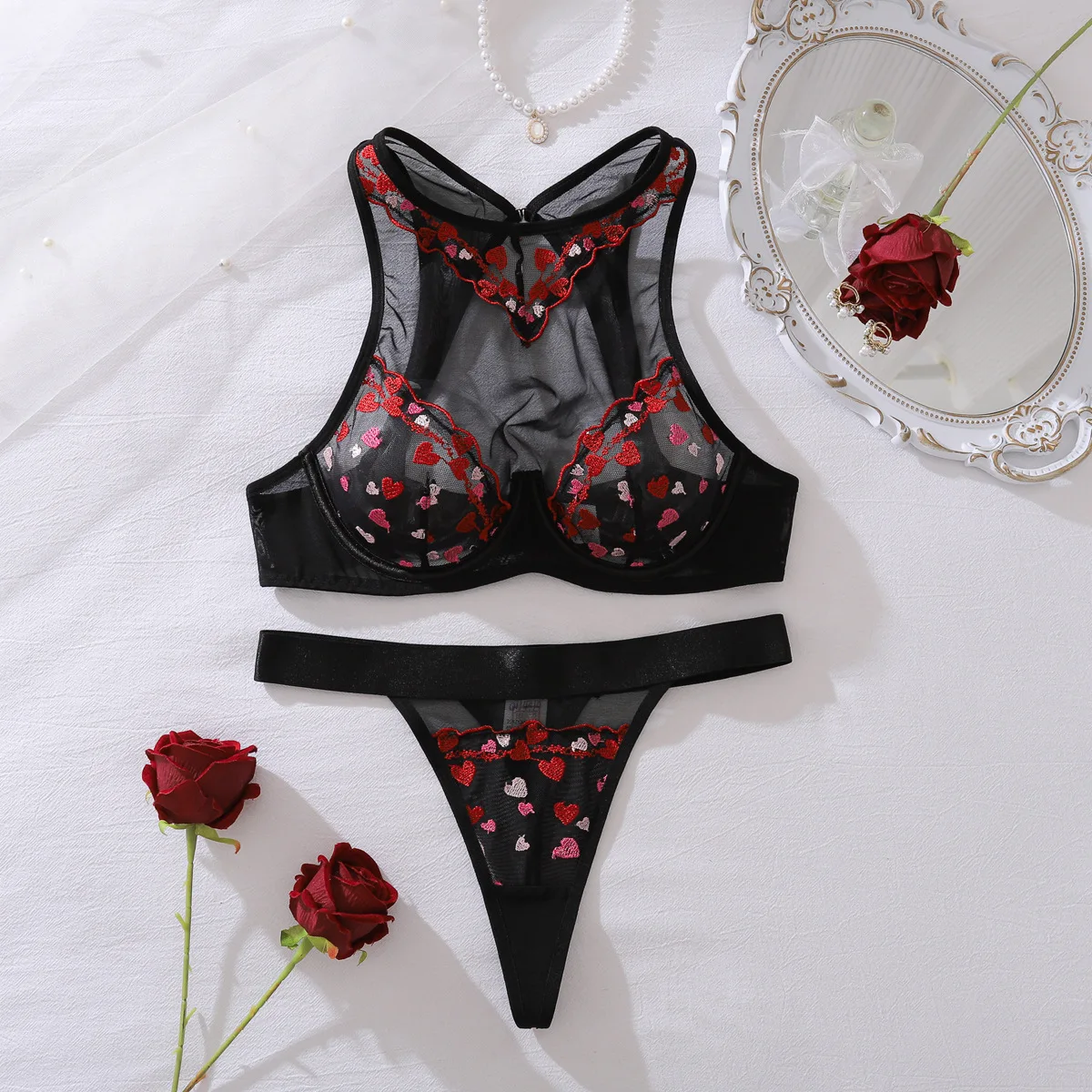 

Women's Sexy Body Shaping Underwear Set Contrast Color Love Embroidery Steel Girdle Gathered Side Split Exotic Design