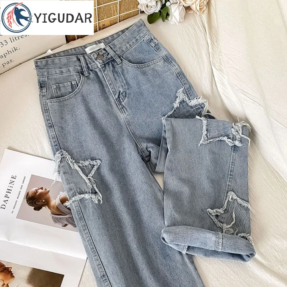 

Spring Summer Jeans with torn holes mens fashion trend cross with rough edges retro blue casual straight leg y2k men's jeans