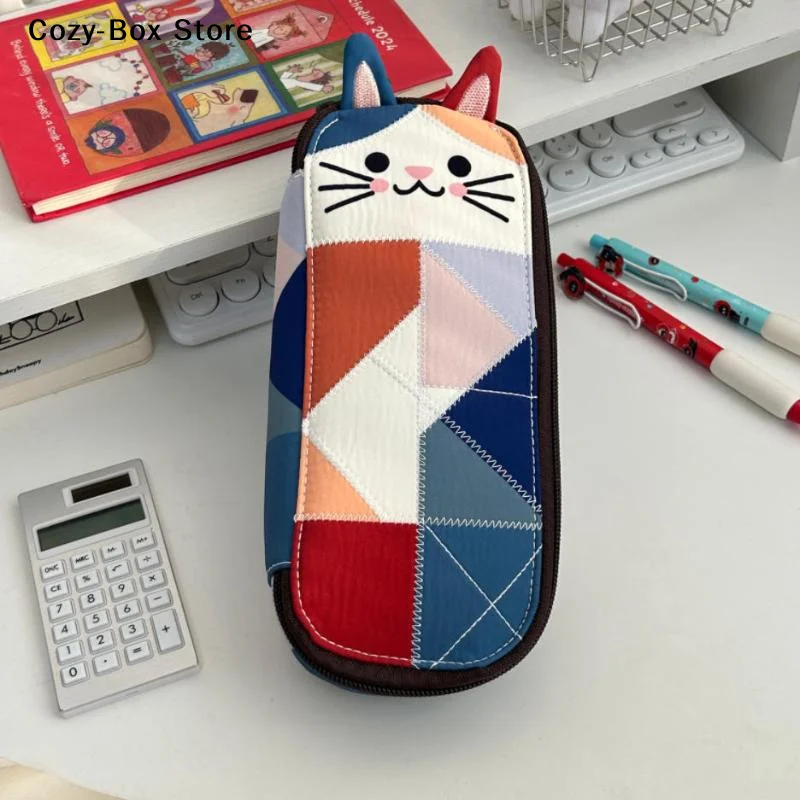 [ZY]1Pcs Color Block Cartoon Cat Design Storage Bag Japanese Style Patchwork Pencil Case Cute School Supplies For Girls[ZY]
