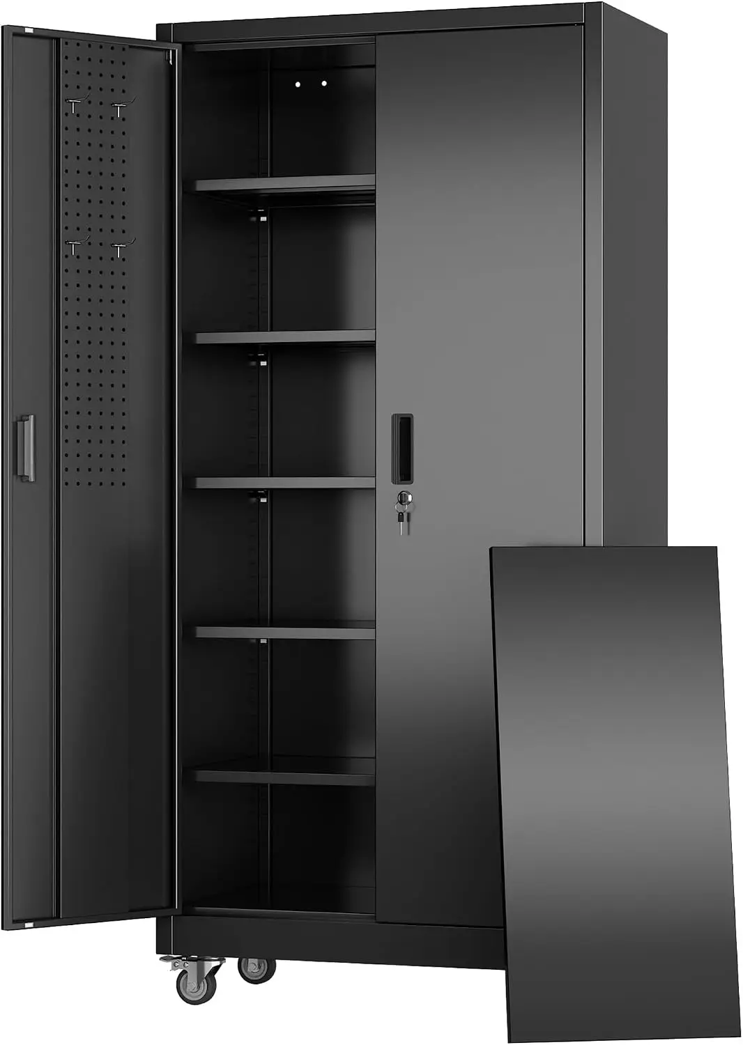 Metal Garage Storage Cabinet With Wheels And Pegboard Doors, Heavy Duty Rolling Organizer Rack For Workshop And Office, Lockable Freestanding Utility Shelving Unit, Modern Style, Black, 1 Piece