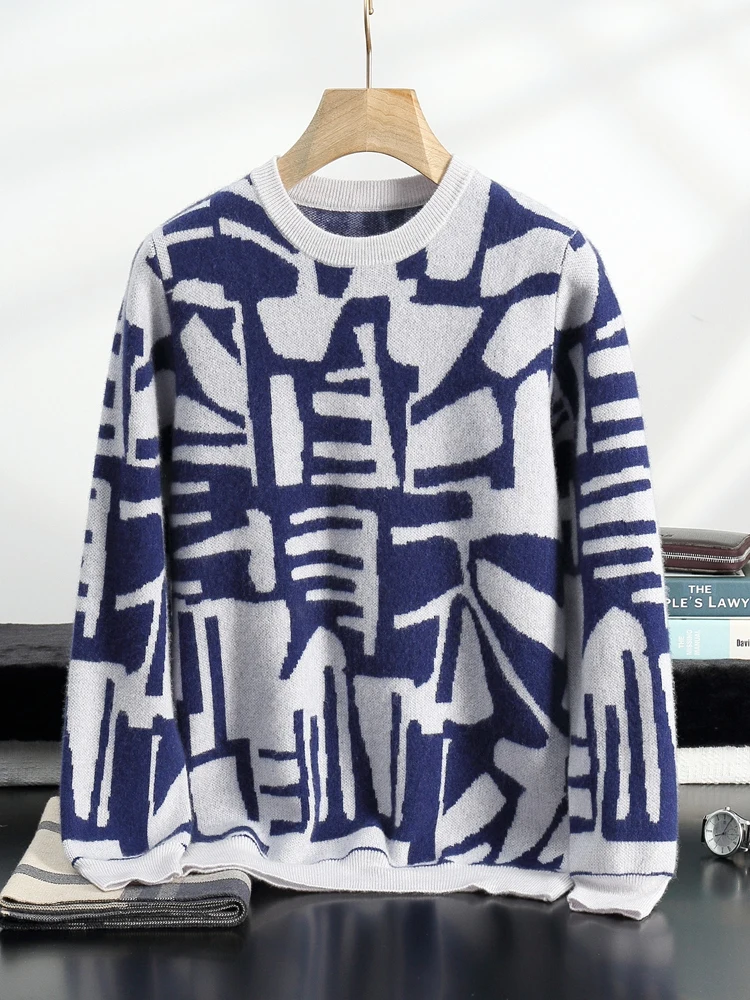 خريف شتاء جديد 100% الكشمير الرجال سترة موضة محبوك الجاكار البلوز القمم اللون منعت الجولة الرقبة سميكة ملابس رجالي