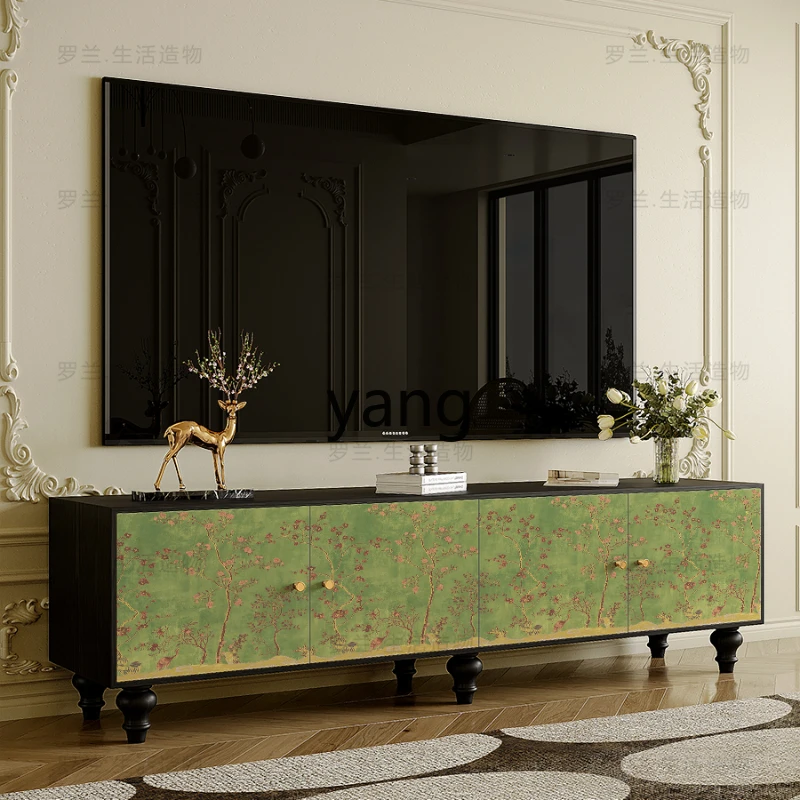 

XYY green retro solid wood TV cabinet living room flower and bird integrated locker