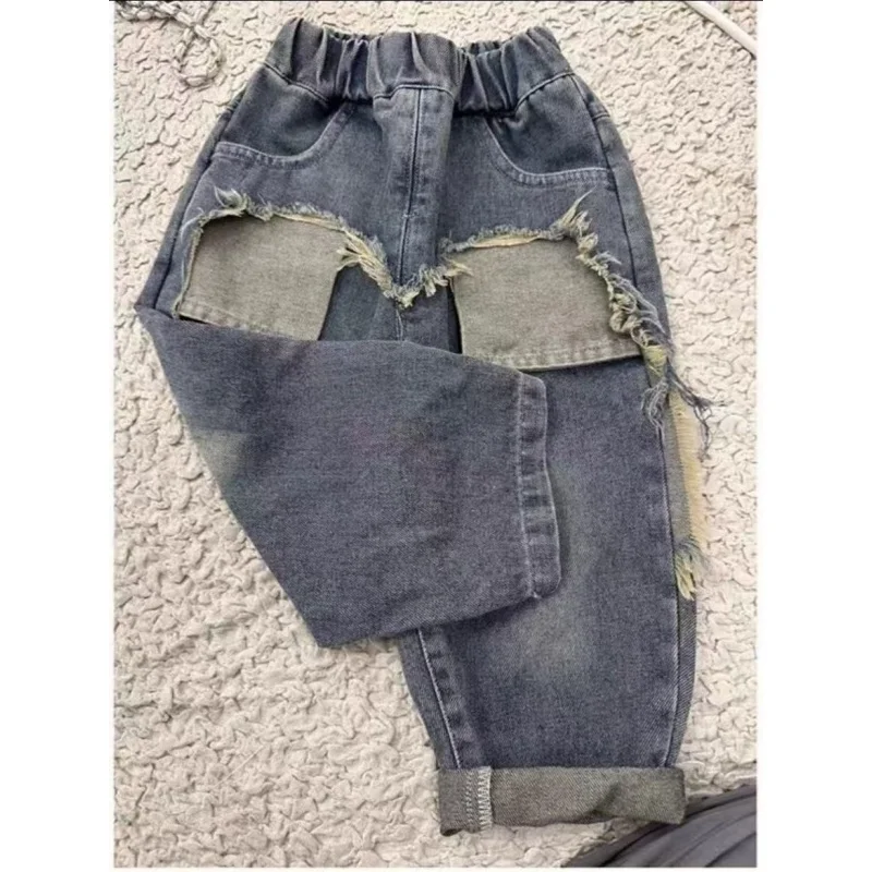 Children's Jeans Spring and Autumn Loose Boys and Girls Casual Straight Loose Pants Handsome Baby Outwear Pants 2-9Years