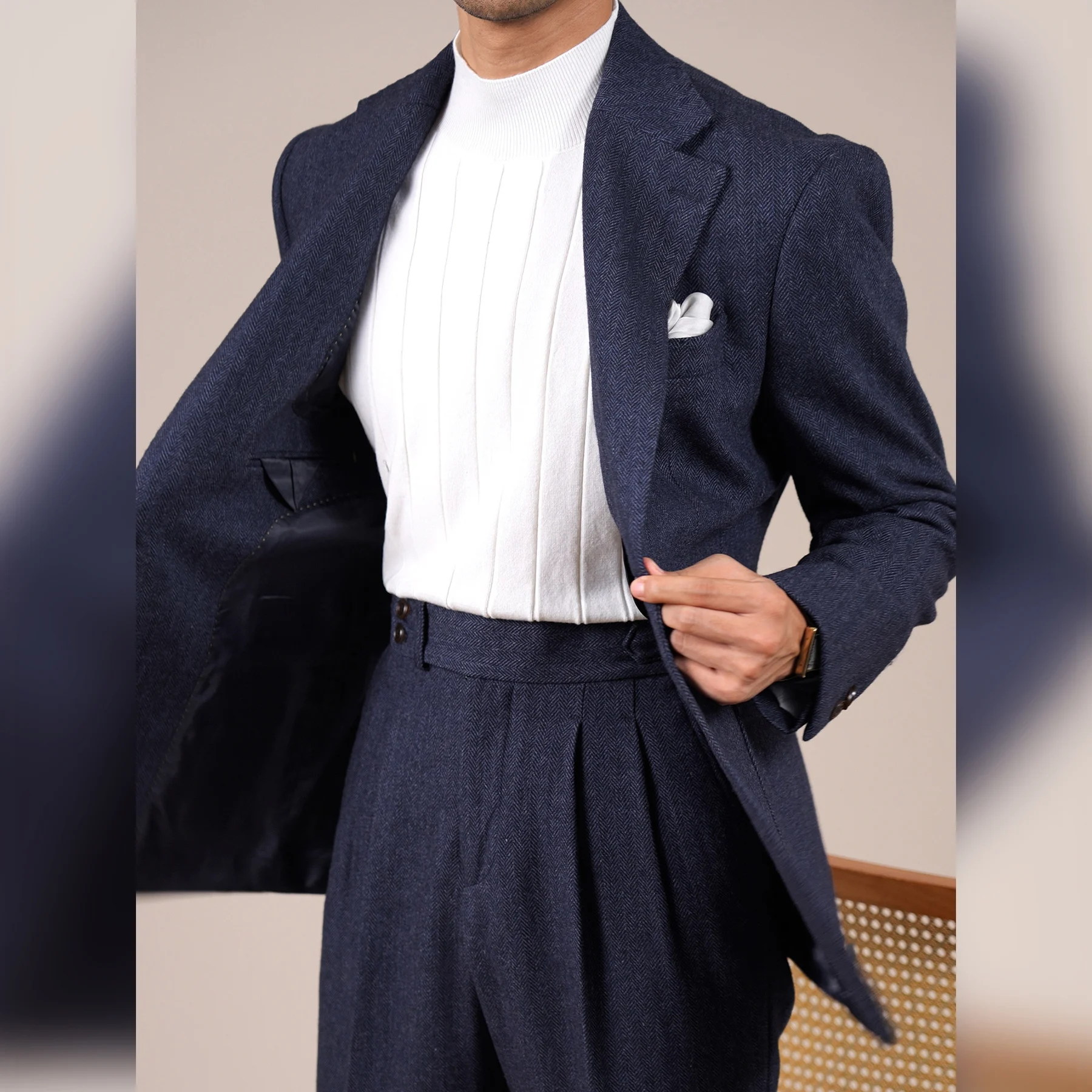 Wool Blend Suit Set For Men Fall Winter Style Notched Lapel Commuter Herringbone Pattern Casual Business Blazer Men Tuxedo Suit