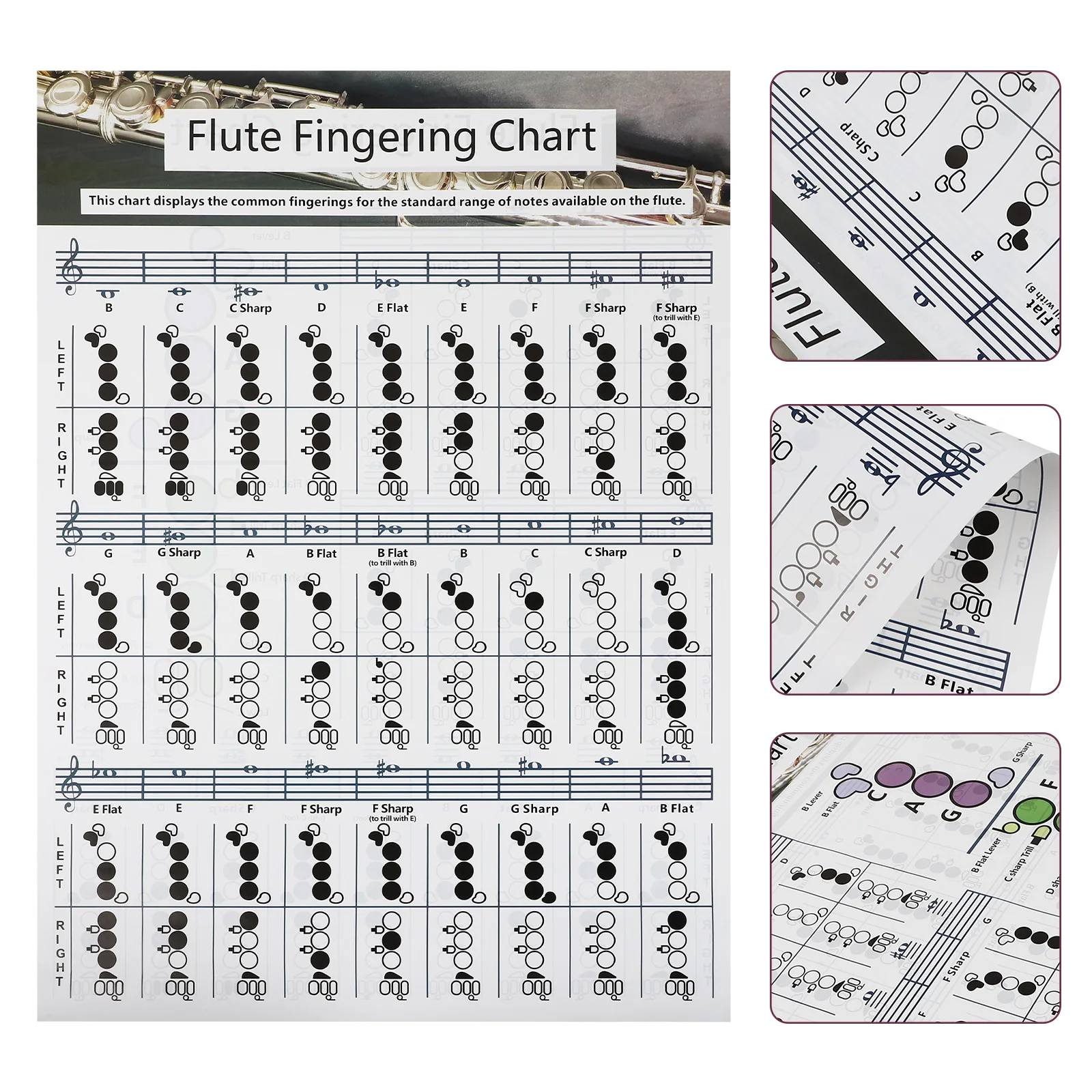 

Flute Fingering Diagram Chart Beginner Book Note Chord for Practice Guide Poster