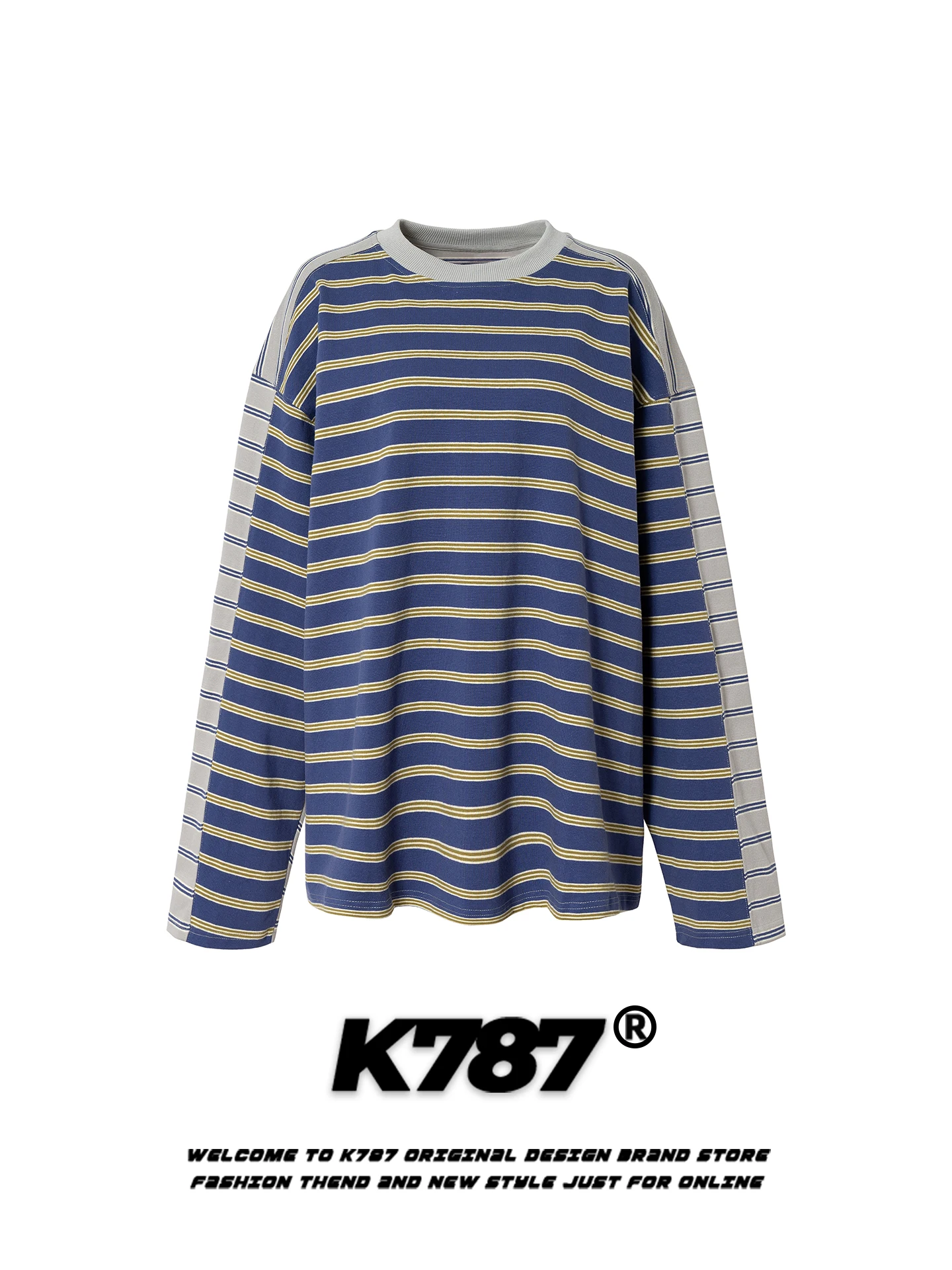 

Мужская свободная повседневная толстовка K787 в американском ретро-стиле с полосками и цветовыми блоками, круглый вырез, модная весенняя модель оверсайз из хлопка и полиэстера