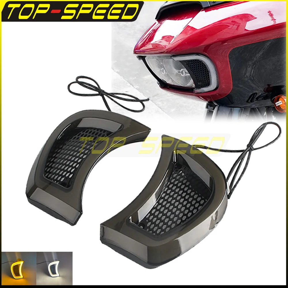 Motorcycle Headlight Vent Accents LED Trim Lights Turn Signal Indicator Running Light Lamp For Harley Touring Road Glide 2015-up