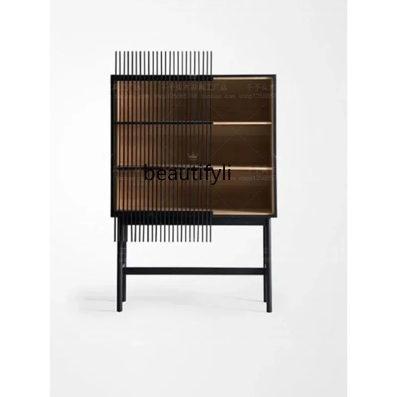 

American Minimalist Nordic French Retro Black Solid Wood Storage Curio Cabinet Sideboard Cabinet Minimalist Storage Bookcase