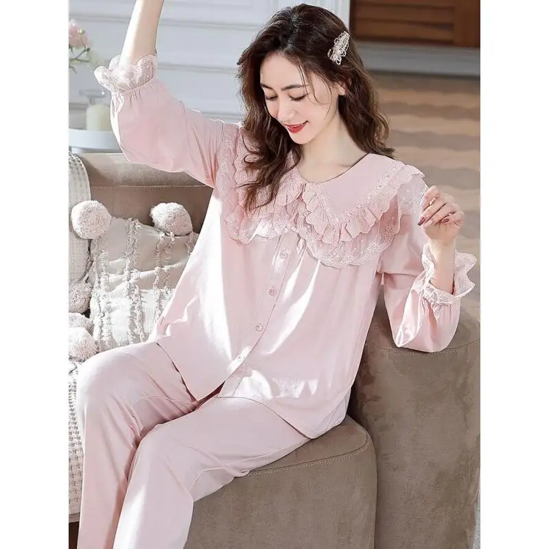 

Новый хит продаж: Женская пижама из модала, домашняя одежда для женщин, весна-осень, с длинным рукавом, тонкая, в стиле принцессы, с кружевным воротником-стойкой, комплект с кардиганом