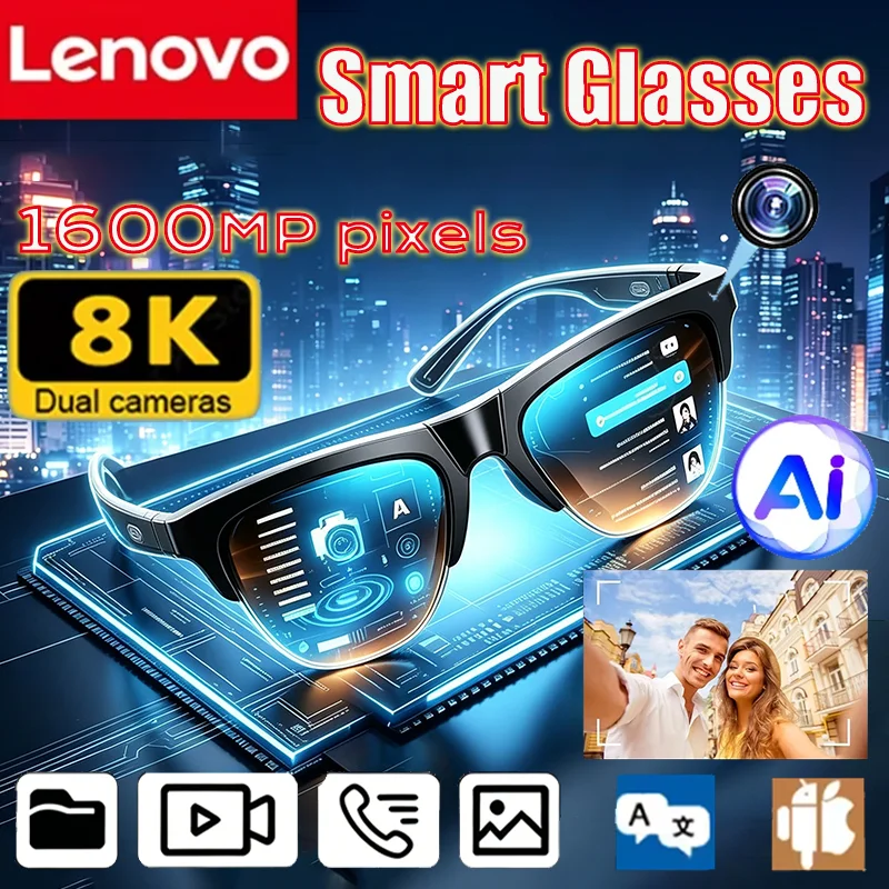 Lenovo 8K HD AI Smart Glasses Translation Hands-Free Calling AI Chat Logging Music Playback NEW Men Women Smart Sunglasses