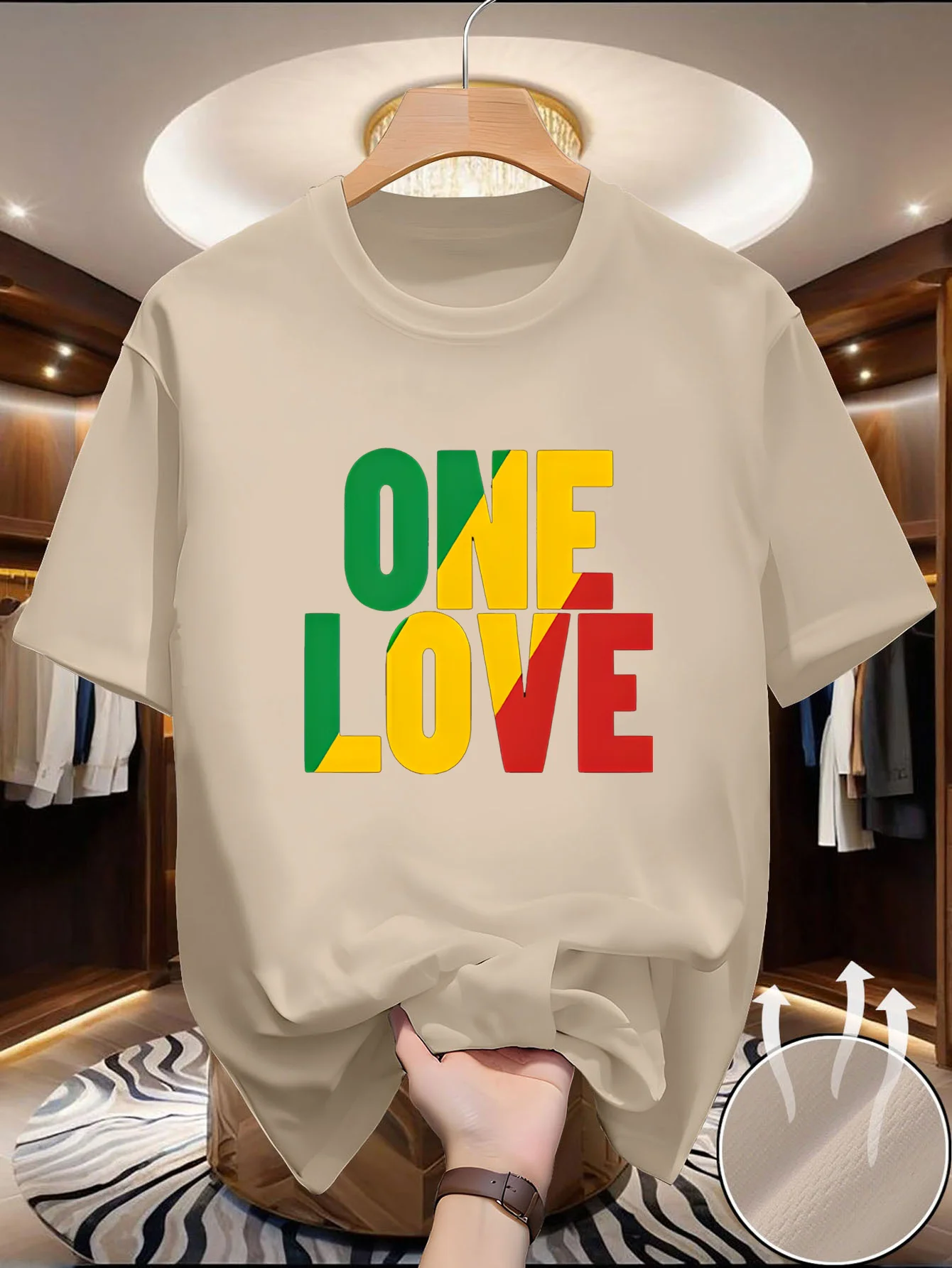 This Casual Summer Versatile Sports T-Shirt Features The Phrase 'ONE LOVE' Printed on It, with The Text in Green, Yellow, And Re