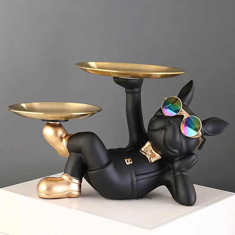 Resin Décor Dog Statue Butler with Tray for Storage Table Live Room French Bulldog Ornaments Decorative Sculpture Craft Gift