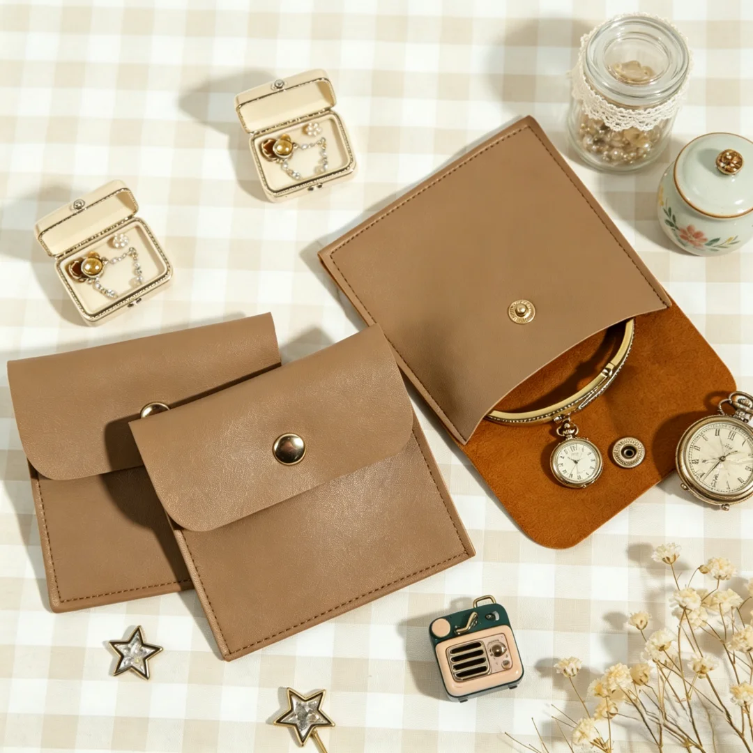 Stylish PU Leather Pouches 5Pcs with Gold Snap Closure for Rings Earrings Necklaces Cosmetics and Wedding Party Gift Wrapping