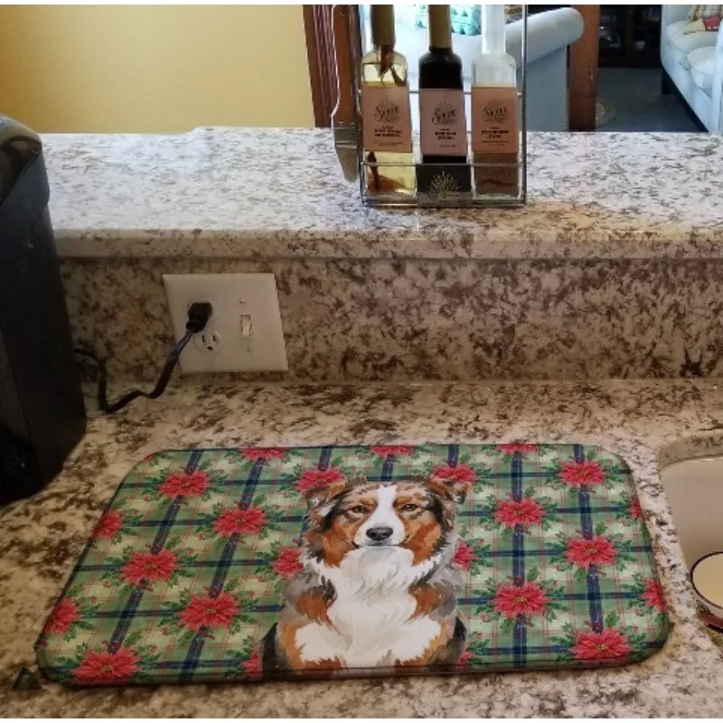 

Red Merle Australian Shepherd Christmas Poinsettia Dish Drying Mat 14x21" Absorbent Kitchen Counter Mat