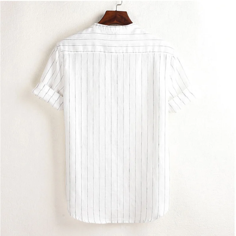 2023 Summer Men\'s T-shirt Linen Cotton Stripe Short Sleeve Fashion Casual Shirts for Men Pullover Shirt Men Clothing