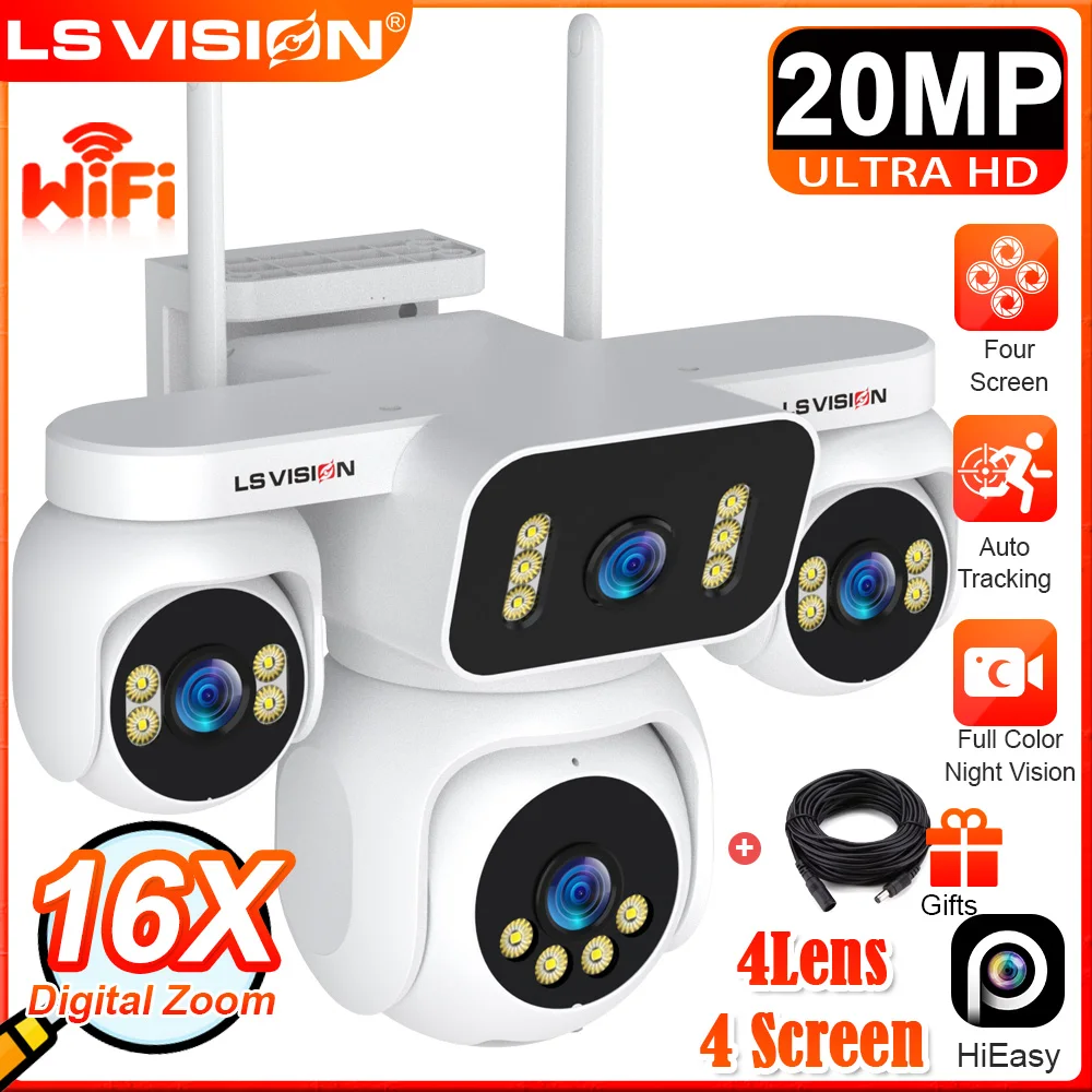 

LS VISION 20MP IP Camera with 5m Cord 16X Zoom WiFi Security Cameras 4 Screens Night Vision Human Detection Auto Tracking HiEasy