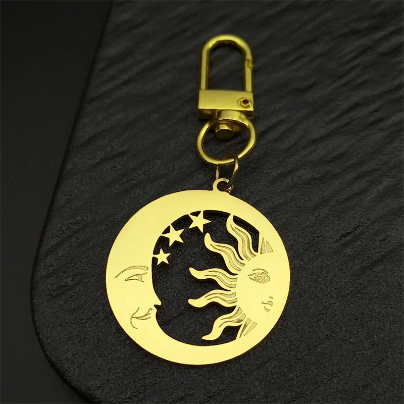 Halbmond Sonne Schlüsselanhänger für Damen Herren Edelstahl Gold Silber Farbe Stern Mysteriöser Pu-Lederring Schmuck Geschenk