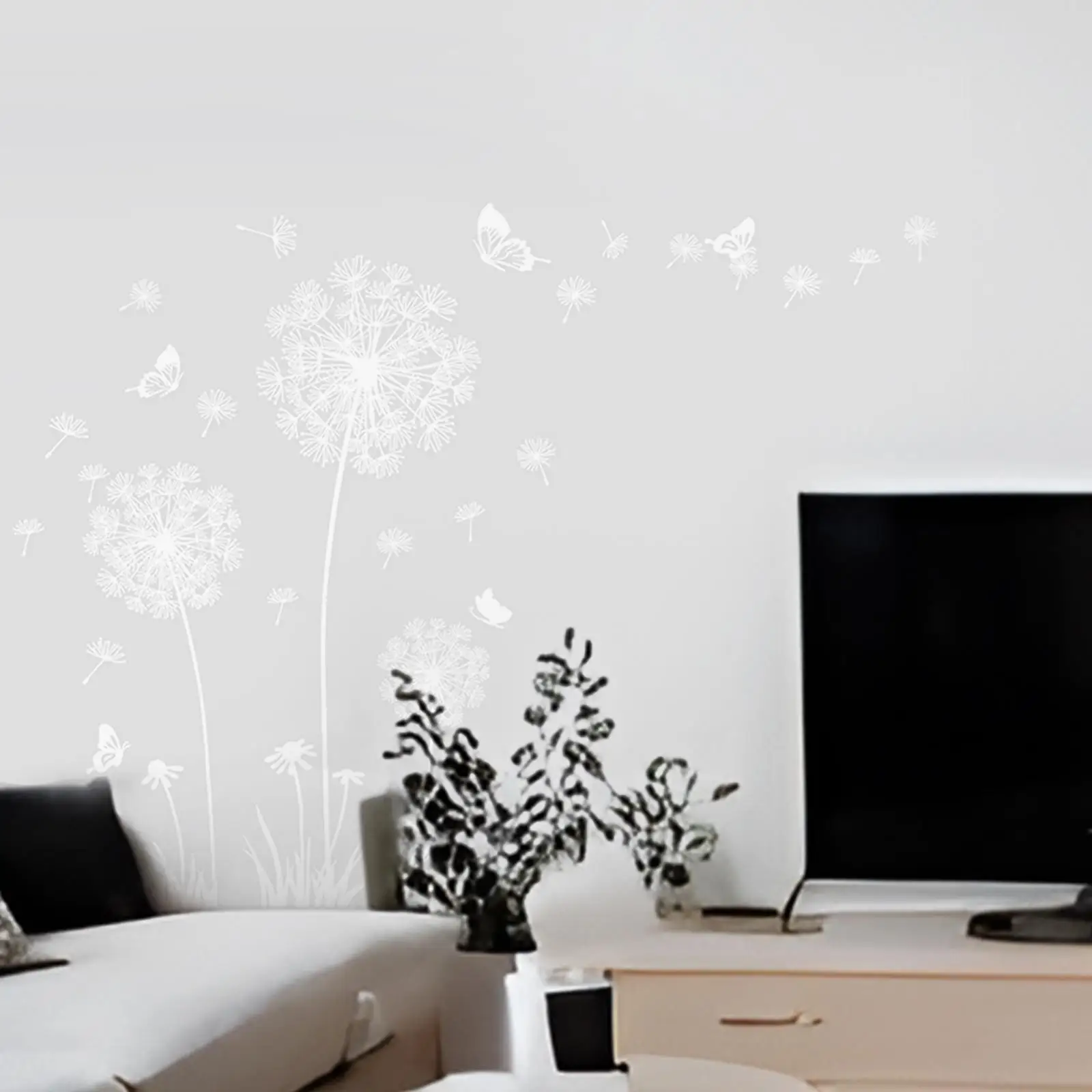 DIY White Dandelion Wall Sticker Decals Waterproof Decorative Peel and Paste Butterflies Flying for Sofa Backdrop Accessory