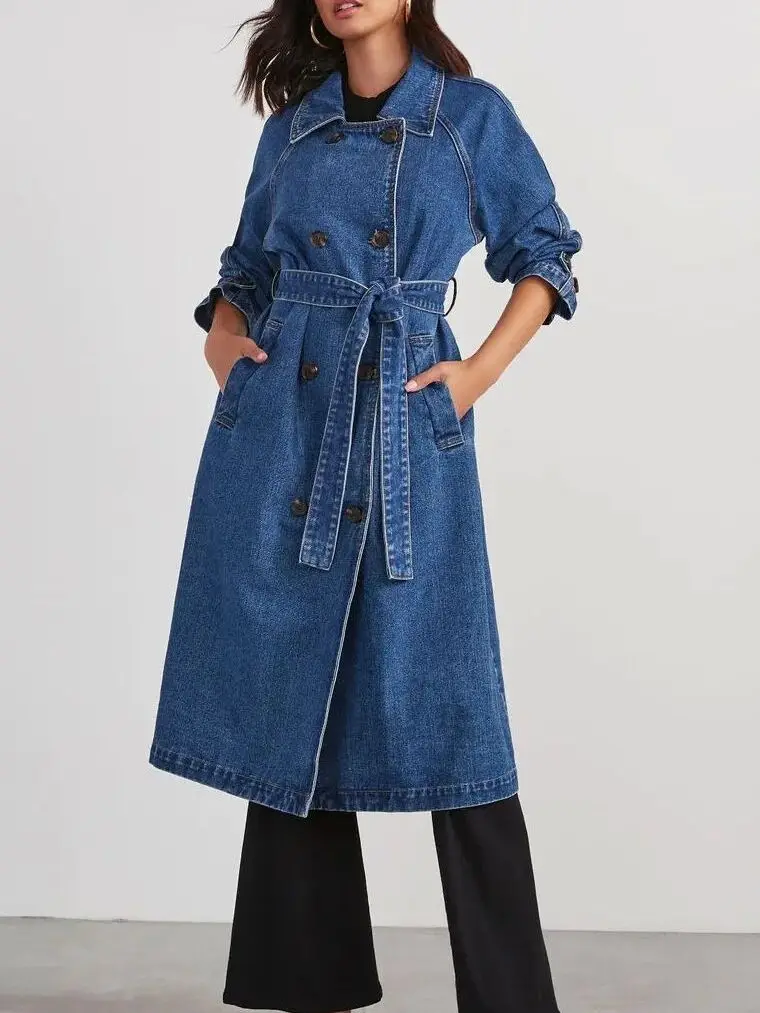 

Street Sle Long Sve Bule ket Coat Women's Straight Cut Jeans Fabric Polyester Fiber Straight Hem ort Outerwear