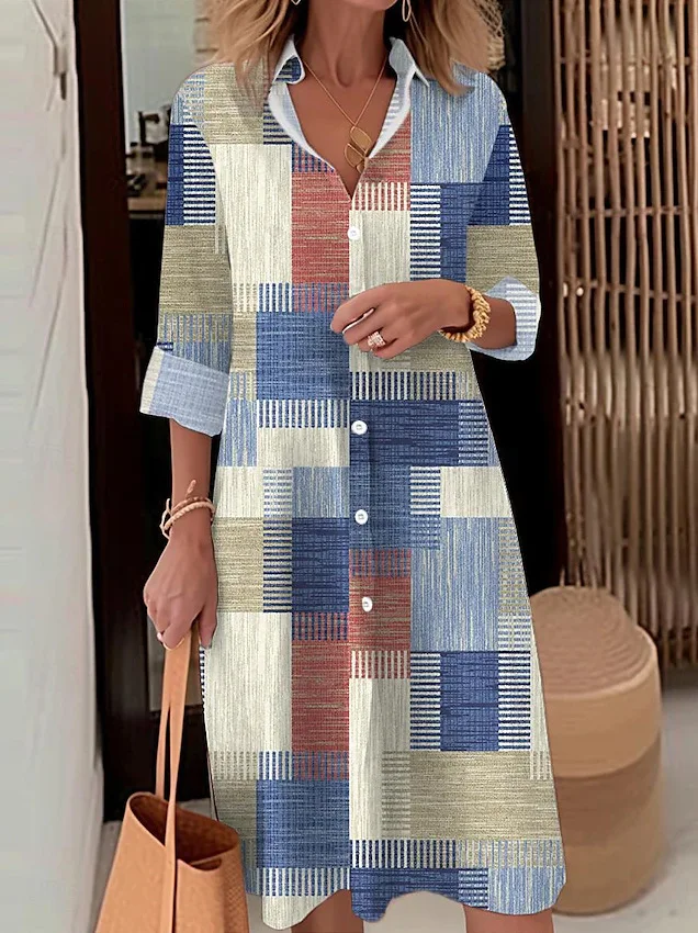 

Fashion Striped Print Long Sleeve Shirt Dress Women 2024 Autumn Casual Plaid Office Long Dresses For Women Robe Femme Vestidos