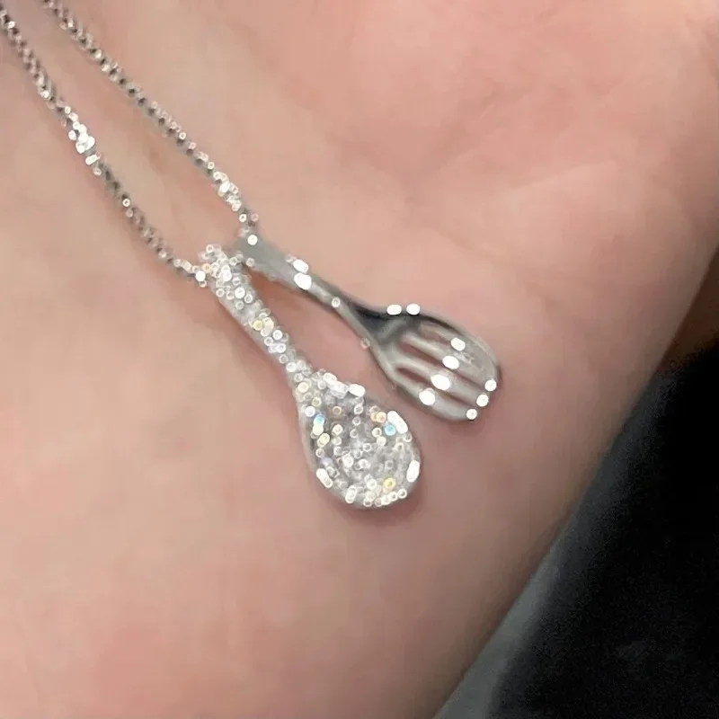 Creative 925 Sterling Silver Zircon Spoon Fork Pendant Necklace for Woman Geometric Designer Collarbone Chain Jewelry Accessory