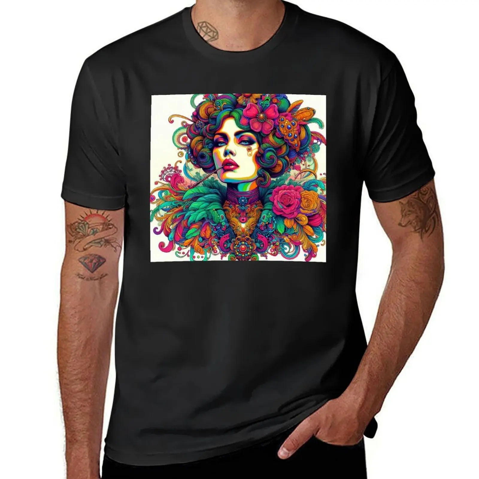 Roses Feathers Colorful Steampunk Pop Art Nouveau Girl Drawing Illustration T-Shirt vintage men t shirt